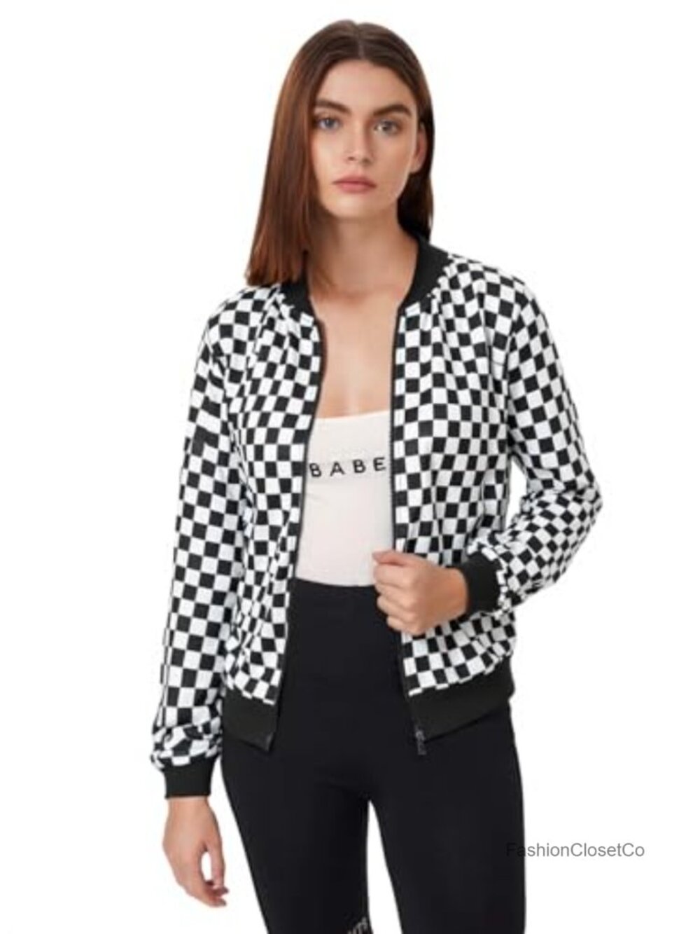 WDIRARA Women's Zip Front Plaid Print Stand Collar Casual Checker Jacket